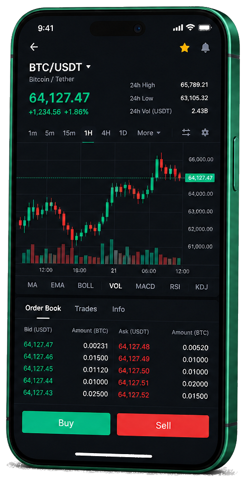 Plataforma Immediate +V4 Intal en móvil — gráfico en tiempo real BTC/USDT, libro de órdenes y panel para comprar/vender